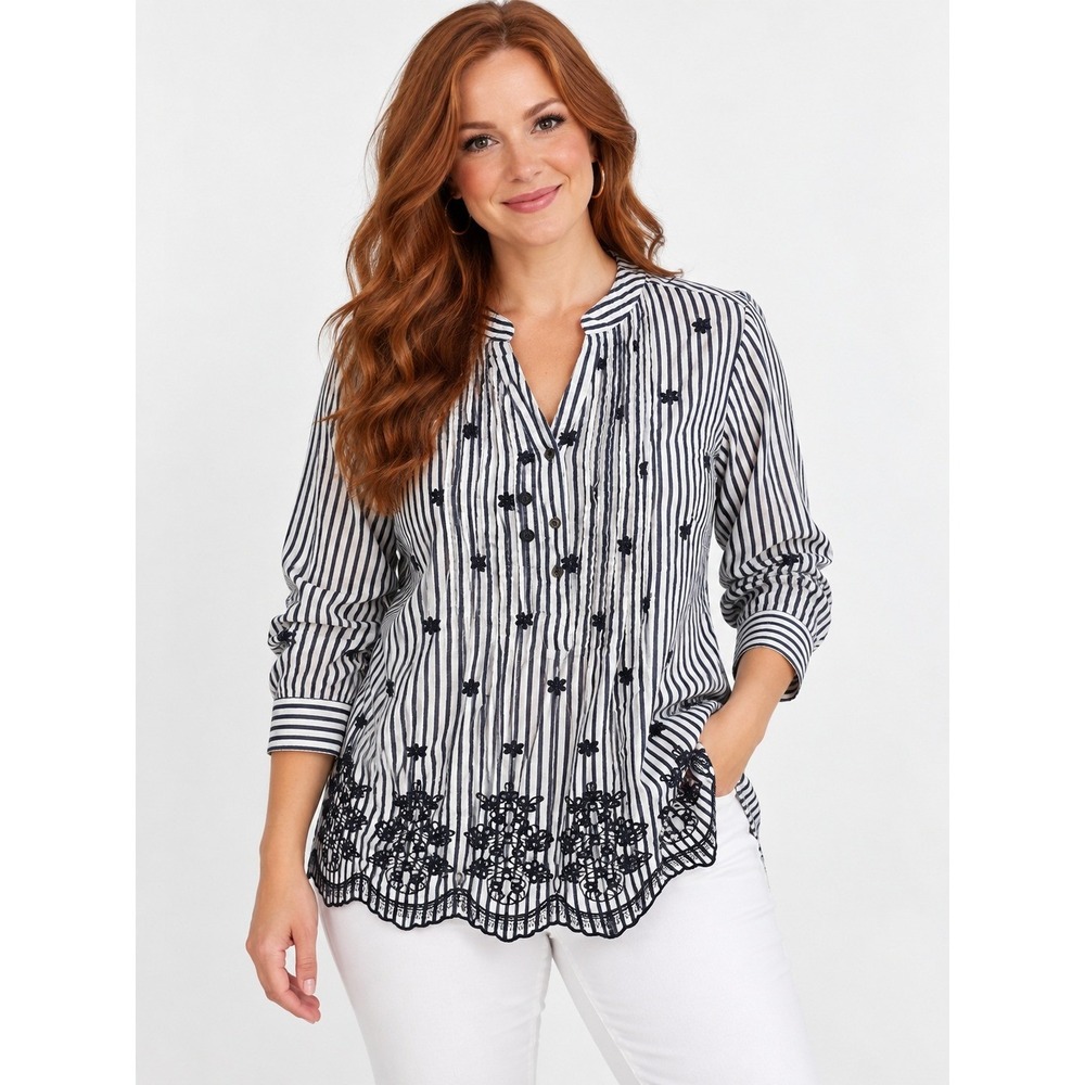 Vintage Y2K Henley Top Womens Medium Pleated Stripe Boho Festival Embroidered